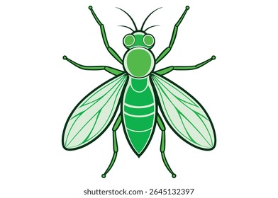 A vibrant green cartoon grasshopper with delicate wings is isolated on a white background, perfect for nature and insect-themed illustrations