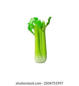 Vibrant green celery stalk depicted as a 3D icon. The illustration showcases the fresh texture of the celery with leafy tops and fibrous stalks. Perfect for food, diet, and nutrition themes.