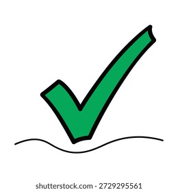 A vibrant green check mark icon with a hand-drawn, doodle style, symbolizing approval, completion, correctness, or confirmation.