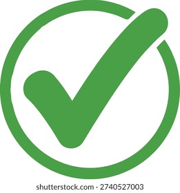 A vibrant green check mark (tick) icon set within a circular outline on a clean white background. Featuring soft, rounded edges and a thick stroke, this graphic represents 