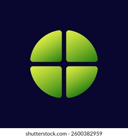 A vibrant green circle is divided into four equal quadrants, creating a geometric design.