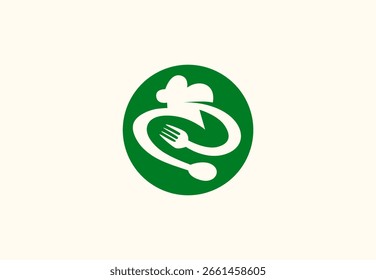 A vibrant green circle logo featuring a white chef hat, fork, and spoon subtly integrated into a dynamic, flowing design. 