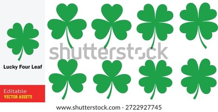 Vibrant Green Clover Leaf Collection Featuring Lucky Four-Leaf and Traditional Three-Leaf Shamrock Illustrations Vector Set

This professional graphic resource features a charming collection of vibrant green clover leaf illustrations, meticulously designed as clean and minimalist vector assets. Isolated on a white background, the set includes both the traditional three-leaf shamrock and the universally recognized four-leaf clover, a symbol of good luck. Each leaf is crafted with distinct rounded heart shapes and short stems, creating a cheerful and organic aesthetic. These high-quality editable vector assets are perfect for St. Patrick's Day decorations, Irish-themed branding, spring-season marketing, and luck-related icons for apps or websites. The scalable nature of these graphics ensures they maintain perfect clarity for everything from small social media stickers to large-scale print designs.

Key Features include:
Lucky and Traditional Symbols: Includes a variety of both three-leaf and four-leaf clover designs to suit different cultural and symbolic needs.

Minimalist and Cheerful Aesthetic: Features heart-shaped leaves and a uniform vibrant green hue for a modern, clean look.

Versatile Graphic Assets: Ideal for nature-themed logos, springtime greeting cards, and digital interface elements.

Professional Vector Quality: Fully scalable and editable EPS file, allowing for easy customization of colors, shapes, and sizes without any loss of quality.