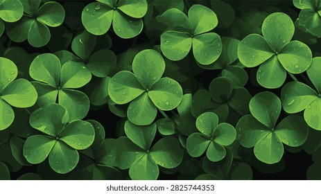 Vibrant green clover leaves background with morning dew drops, fresh shamrock foliage pattern, vector nature illustration for St. Patrick's Day