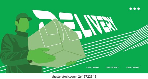 Vibrant Green color Flat vector illustration of courier holding package box in realistic silhouette style, perfect for logistics, shipping, and delivery themes.