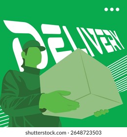 Vibrant Green color Flat vector illustration of courier holding package box in realistic silhouette style, perfect for logistics, shipping, and delivery themes.