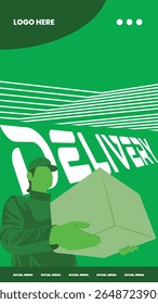 Vibrant Green color Flat vector illustration of courier holding package box in realistic silhouette style, perfect for logistics, shipping, and delivery themes.