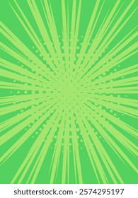 Vibrant green comic book cartoon background featuring radiating speed lines and halftone dots, creating an energetic burst of motion and dynamic action throughout the design