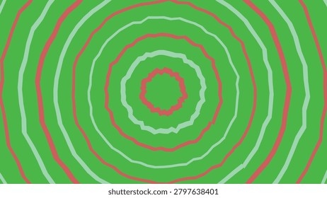 Vibrant green concentric circles with red and light green wavy lines forming a mesmerizing pattern