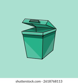 A vibrant green container with an open lid, perfect for illustrating storage, recycling, or waste management concepts. Clean vector design.