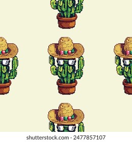 Vibrant green cowboy cactus in pots seamless pattern for desert-themed designs