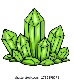 Vibrant green crystal cluster vector illustration, faceted gemstone formation with sharp edges and glossy surface