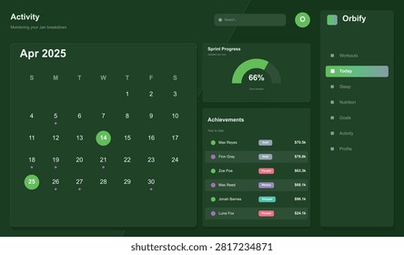 Vibrant green dashboard for activity tracking, featuring a calendar, sprint progress meter, and a list of achievements. Perfect for personal organization and goal setting.