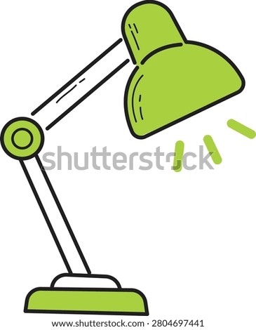 A vibrant green desk lamp, hand-drawn in a doodle style, casting a bright light, perfect for study or office environments.