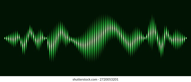 Lebhafter grüner digitaler Equalizer oder Klangwellenvisualisierung mit glühendem Effekt, der Musik, Frequenz, Spracherkennung oder Audiotechnologie auf dunklem Hintergrund darstellt.
