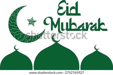 A vibrant green Eid Mubarak design featuring a patterned crescent moon, star, and multiple mosque domes.
