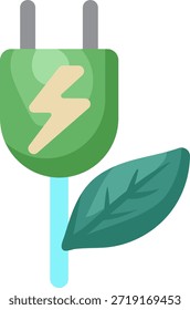 Um plugue elétrico verde vibrante com um símbolo de raio, acompanhado por uma folha verde fresca, representando soluções de energia sustentáveis e ecológicas.