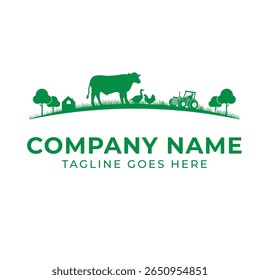 Vibrant Green Farm Landscape Logo Design Depicting Agriculture and Rural Life, Evoking a Sense of Freshness and Sustainability