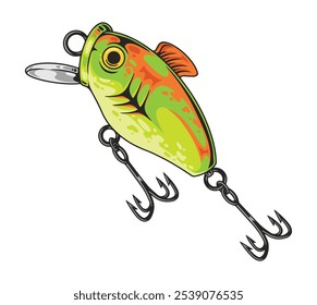 A vibrant green fishing lure with orange accents is positioned prominently. It features three sharp hooks and a diving lip ideal for attracting various freshwater fish.