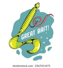 A vibrant green fishing lure stands out with a realistic worm attached to it. Bubbles surround the bait capturing attention for fishing enthusiasts in search of great catches.