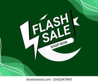 A vibrant green "Flash Sale" banner with a lightning bolt graphic, urging customers to "Shop Now".