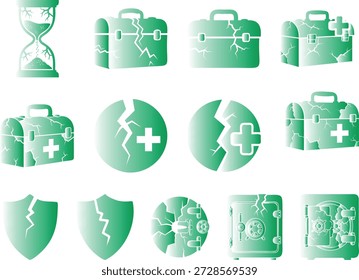 Lebendige grüne, flache Vektorgrafik mit medizinischen Symbolen, Reisekoffern, Schilden und Uhren, ideal für Gesundheitswesen, Versicherungen und globales Reisemarketing.