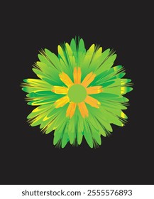 A vibrant green flower with yellow accents, featuring layered petals and glowing textures on a black background