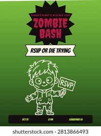 A vibrant green flyer featuring a cartoon zombie character holding an RSVP sign, advertising a Halloween party at Graveyard Lane on October 31st.
