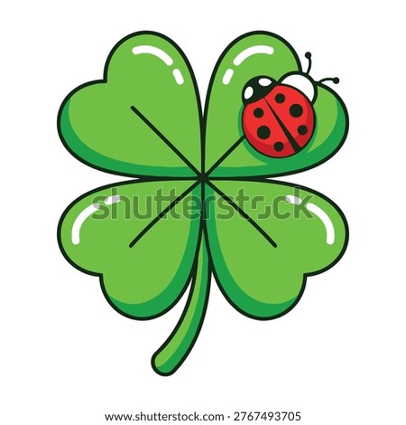 A vibrant green four leaf clover adorned with a friendly red ladybug, symbolizing fortune, success, and prosperity. Perfect for St Patricks Day designs, greeting cards, or spring seasonal projects.