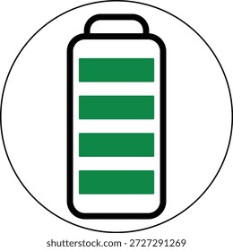 A vibrant green fourbars battery charge level icon inside a black circle indicating full power status