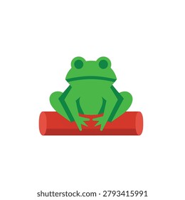 A vibrant green frog with large eyes is depicted sitting calmly on a cylindrical red log, presented in a clean, minimalist illustration style.