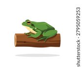 A vibrant green frog resting on a rustic brown tree log isolated on a white background in a detailed cartoon style illustration