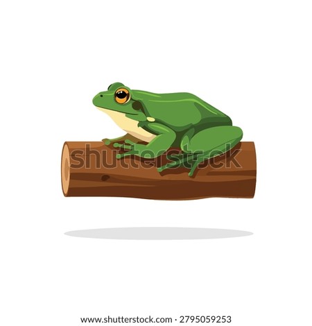 A vibrant green frog resting on a rustic brown tree log isolated on a white background in a detailed cartoon style illustration