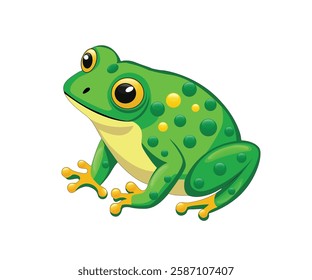 A vibrant green frog with yellow spots and big eyes sits on a white background, perfect for wildlife, nature, or amphibian-themed designs and educational materials.