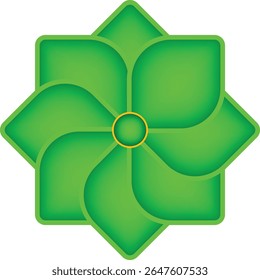 A vibrant green geometric flower or starburst design with rounded petals and a central orange circle, set against a clean white background with subtle shadows.