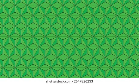 Motif géométrique vert vif avec des formes triangulaires et hexagonales répétitives, créant un design visuellement attrayant et symétrique.