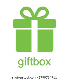A vibrant green gift box icon featuring a classic ribbon bow on top, presented in a clean, minimalist flat style suitable for holiday, birthday, or shopping-themed designs, isolated on a white backgro
