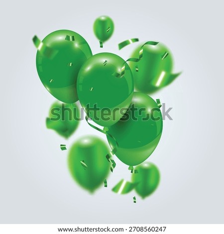 Vibrant green glossy 3d helium balloons with flying festive ribbon and foil confetti on background. Perfect for celebrations, promotions, grand openings, party banner, festive events and Ads. Vector