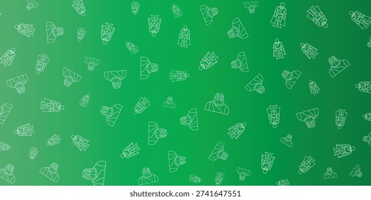 A vibrant green gradient background features a repeating pattern of white outline illustrations. Stylized figures, including cloaked characters and abstract shapes, are scattered and rotated, creating a dynamic and modern graphic design.