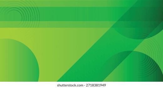 A vibrant green gradient background featuring a dynamic composition of abstract geometric shapes, including circles and diagonal lines, creating a modern and energetic visual.
