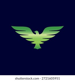 Silueta de pájaro degradado verde vibrante con alas majestuosas que se elevan sobre un fondo azul profundo