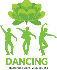 A vibrant green graphic illustration featuring three dancing silhouettes under a large flower, symbolizing joy and freedom in dance, with the word 'DANCING' prominently displayed at the bottom.