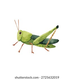 Ilustração de vetor gafanhoto verde vibrante com textura de aquarela. Perfeito para projetos de natureza, materiais educacionais ou design infantil.
