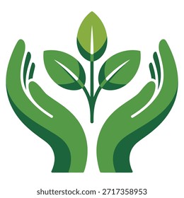 Vibrant green hands gently nurturing a growing leafy plant symbolizing nature conservation and environmental protection