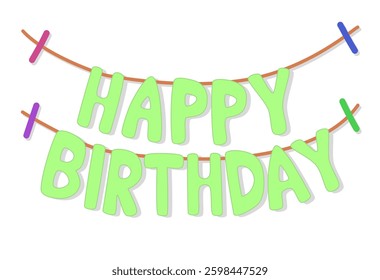 Vibrant Green Happy Birthday Vector Garland Text with Colorful Clips for Festive Party Decor, Greeting Cards, and Celebration Designs with Cheerful Style, Vector Design