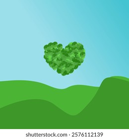 A vibrant green heart shape formed by lush foliage floats above rolling hills against a clear blue sky. This serene and heartwarming image symbolizes the beauty and interconnectedness of nature.