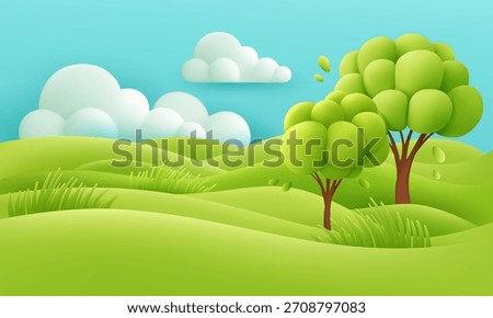 Vibrant green hills with rounded trees and soft clouds create a cheerful countryside scene, a playful vector illustration background