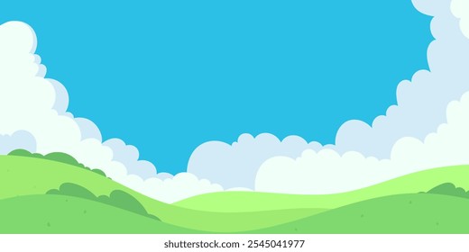 Vibrant green hills under a bright blue sky with fluffy white clouds during a sunny day in a peaceful landscape