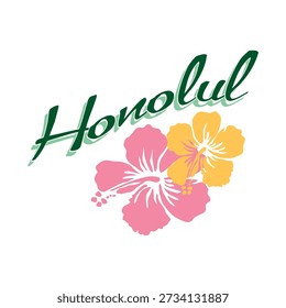 Vibrant green "Honolulu" script typography paired with detailed pink and yellow hibiscus blossoms. A tropical botanical design suitable for Hawaiian-themed apparel and souvenirs.