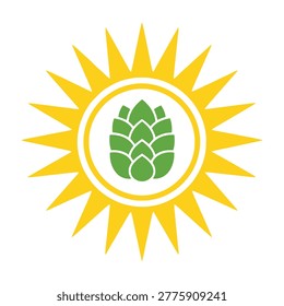 A vibrant green hop cone centered within a bright yellow sun icon. This minimalist symbol represents natural brewing, organic craft beer, and summer harvest themes.